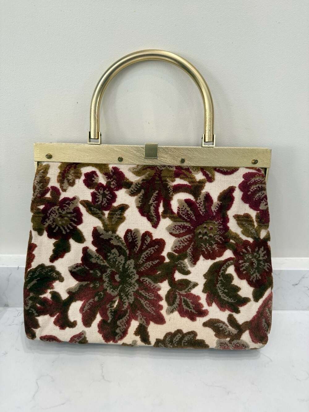 Vintage 1960s Stylecraft Miami Floral Chenille Velvet Carpetbag Handbag with Gol
